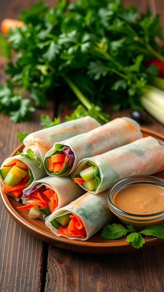 A plate of fresh vegetable spring rolls with a variety of colorful fillings and a small bowl of peanut dipping sauce.