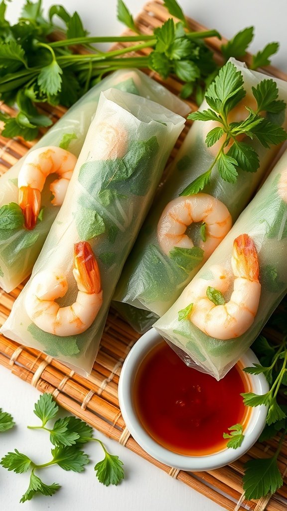 Vietnamese spring rolls with shrimp and fresh herbs on a bamboo mat