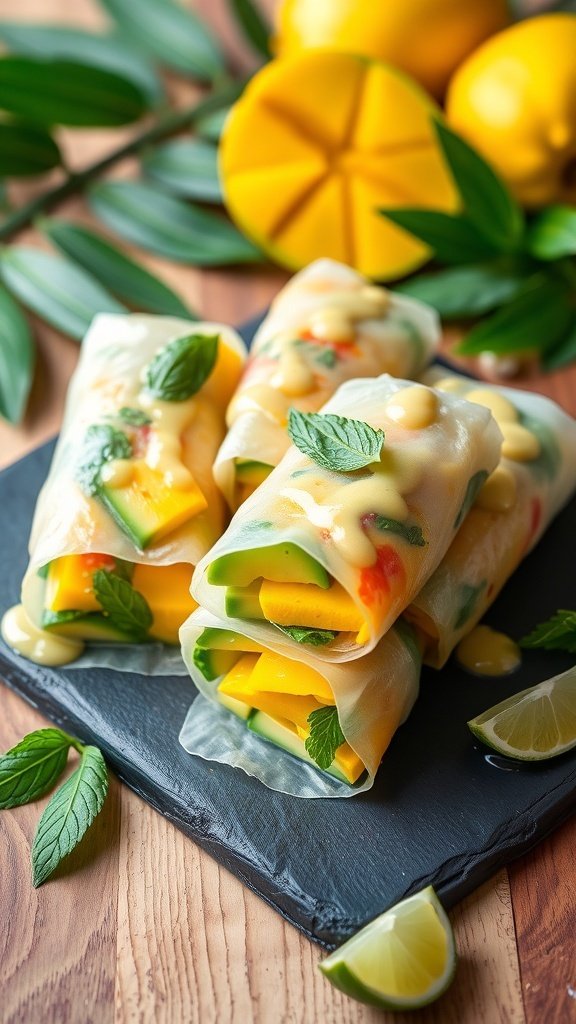 Fresh mango spring rolls with mint and peanut sauce on a slate board