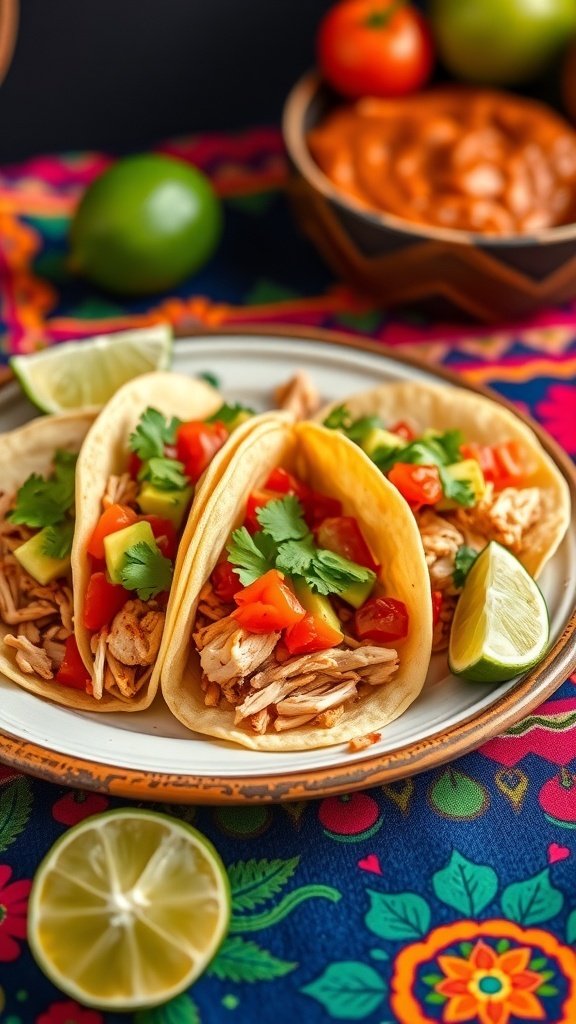 Three chicken tacos filled with shredded chicken, diced tomatoes, and fresh cilantro on a colorful tablecloth.