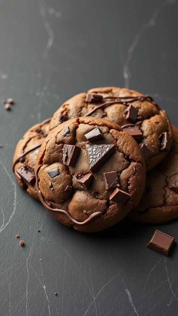Close-up of double chocolate cookies with chocolate chunks on a dark surface.