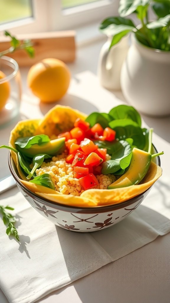 A colorful breakfast spring roll bowl with eggs, avocado, and fresh vegetables.