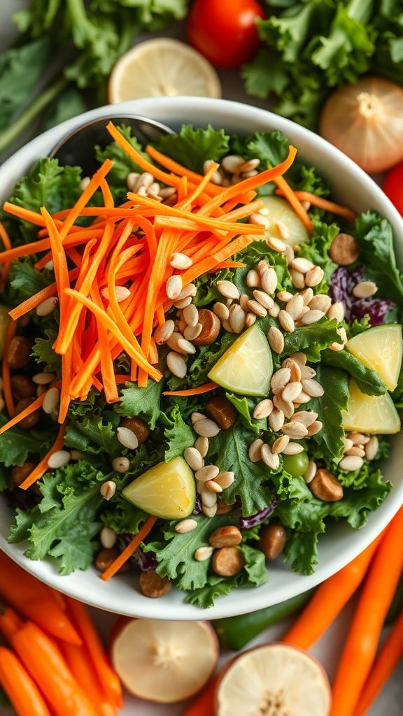 A colorful kale and spring mix salad topped with shredded carrots, nuts, and lime wedges.