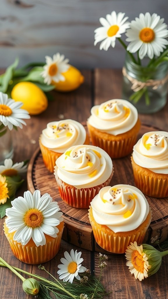 Lemon poppy seed cupcakes with cream cheese frosting, surrounded by lemons and daisies on a wooden table.