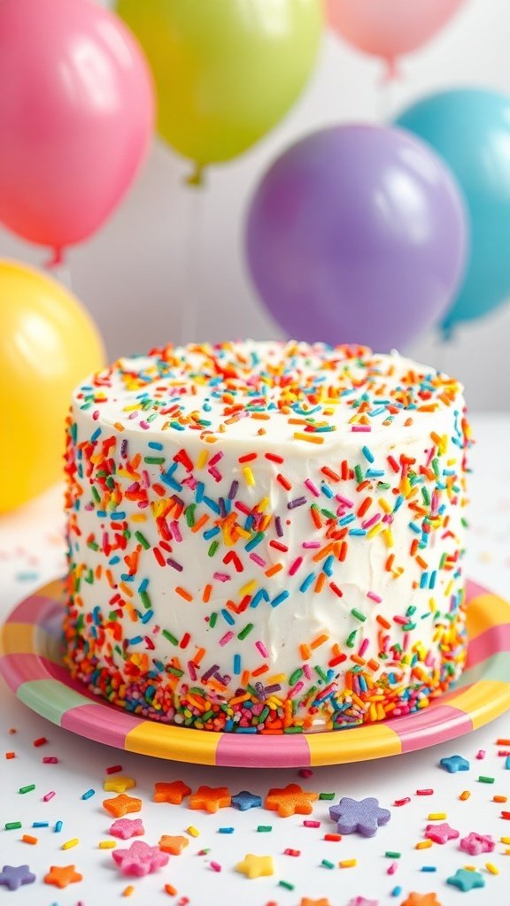 A colorful Funfetti birthday cake surrounded by balloons and sprinkles.