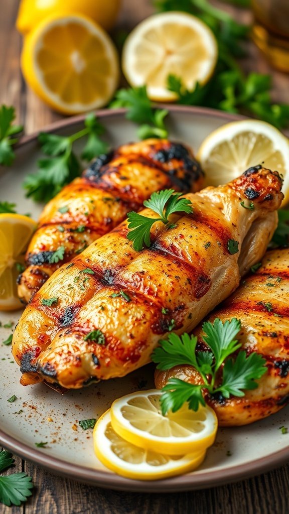 Grilled chicken breasts garnished with lemon slices and parsley