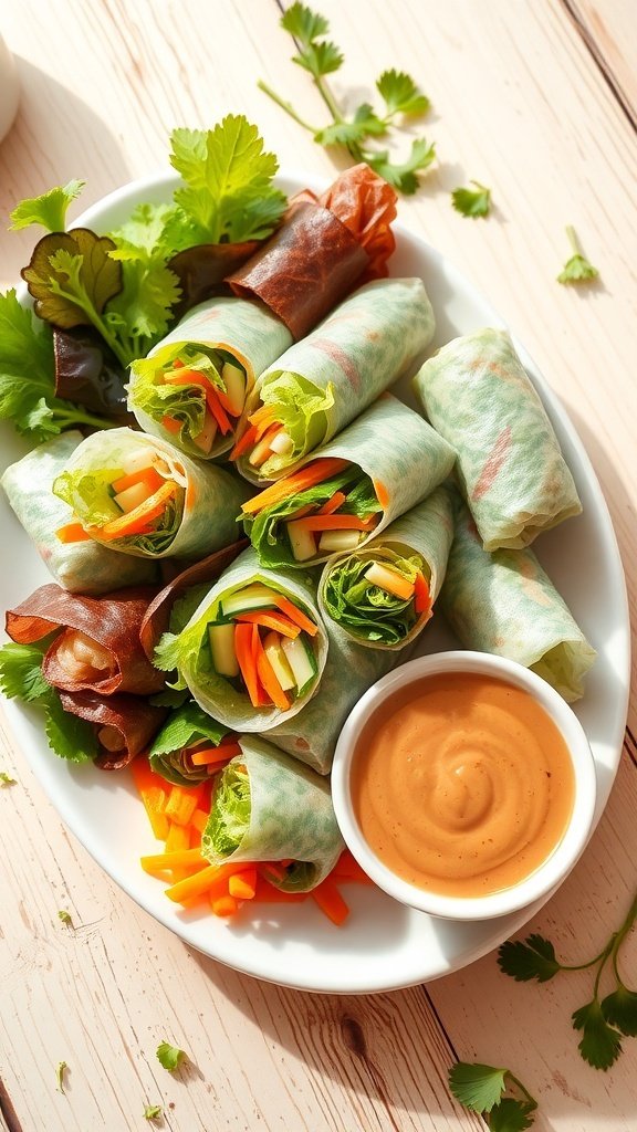 A platter of vegetable spring rolls with a creamy peanut dipping sauce.