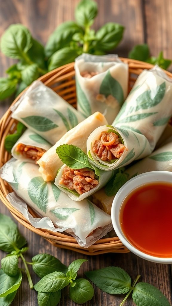 A basket of Vietnamese pho spring rolls with fresh herbs and dipping sauce