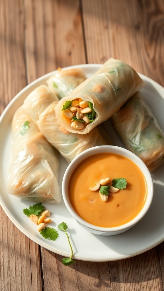 Spring rolls with peanut sauce on a plate