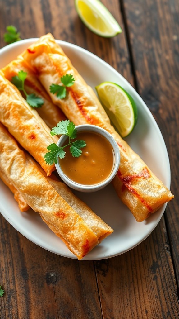 Crispy chicken spring rolls with peanut dipping sauce and lime wedges on a wooden table.
