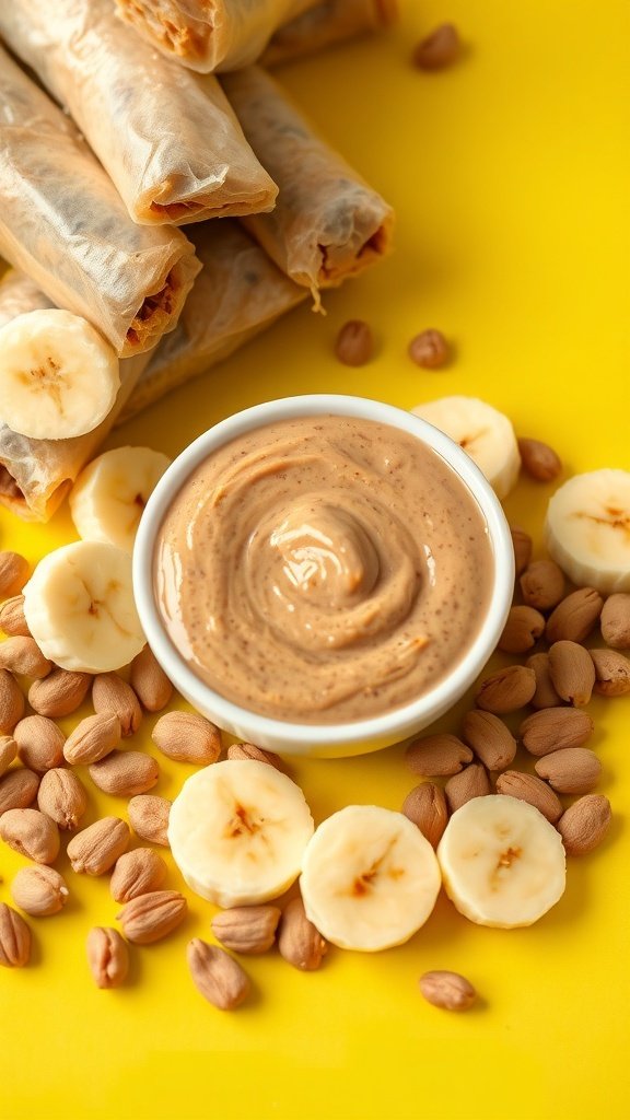 A bowl of peanut butter and banana sauce with banana slices and peanuts on a yellow background.