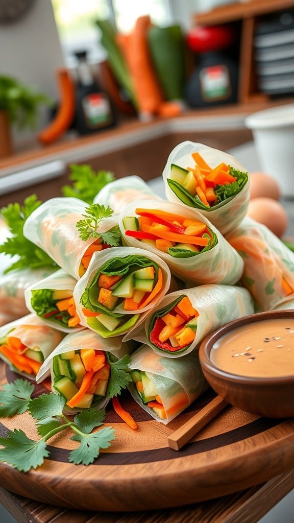 A plate of fresh spring rolls filled with colorful vegetables and served with a dipping sauce.