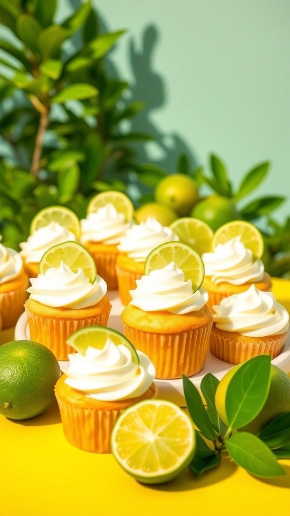 A display of zesty key lime cupcakes with lime slices on top, surrounded by fresh limes and green leaves.