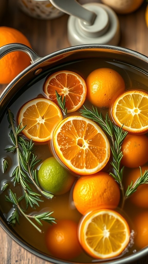 A simmer pot filled with slices of oranges, lemons, and limes, garnished with fresh rosemary.