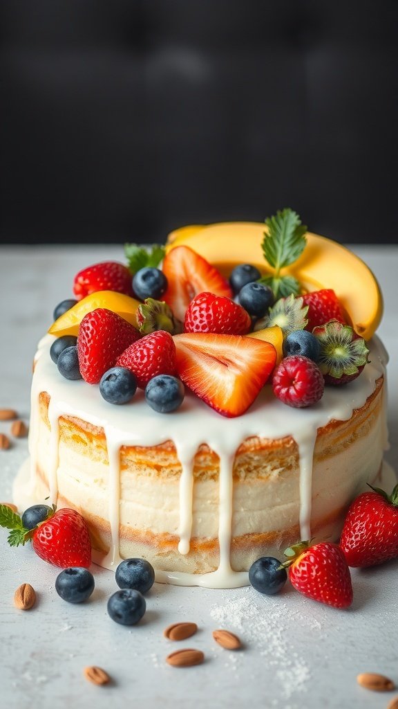 A vanilla almond cake topped with fresh strawberries, blueberries, and banana slices, drizzled with white frosting.