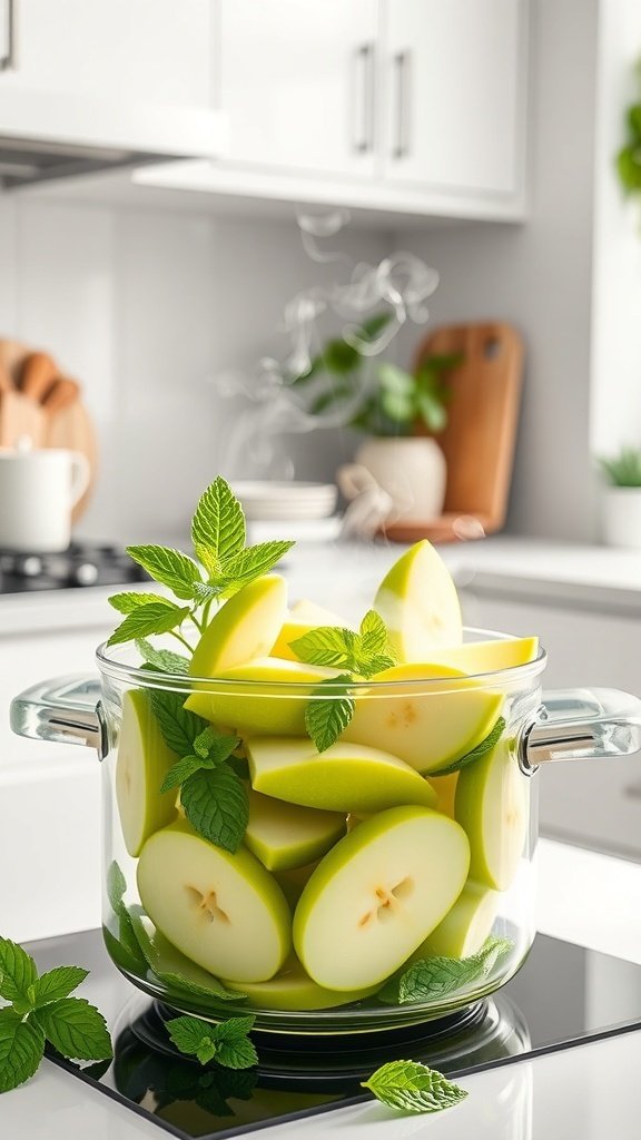 A pot filled with green apple slices and fresh mint leaves on a stove.