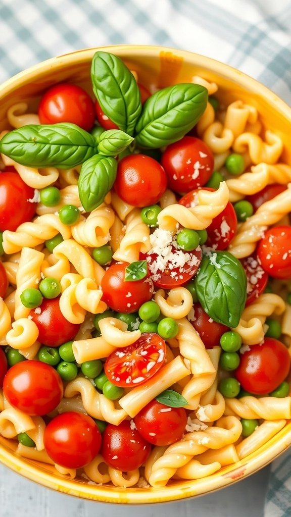 A vibrant pasta salad with cherry tomatoes, peas, and basil.
