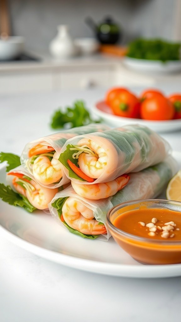 Shrimp spring rolls with peanut sauce on a plate