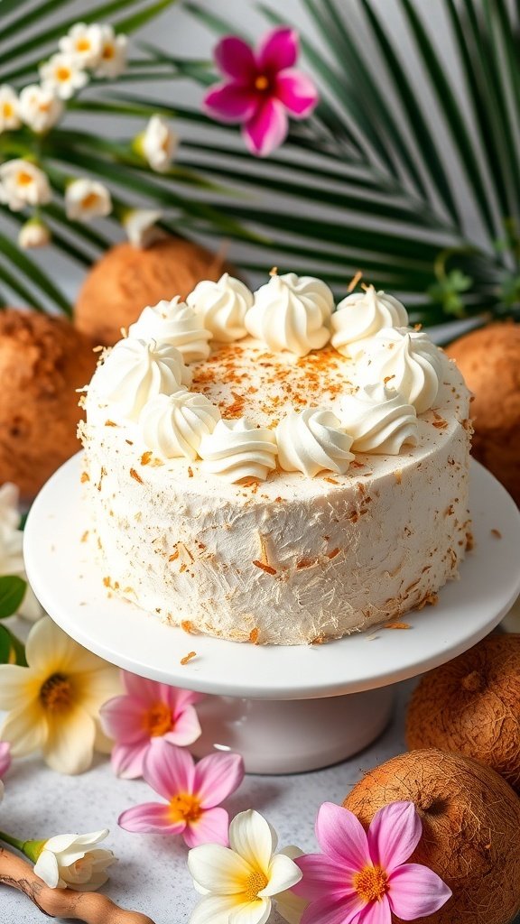 A beautifully decorated coconut cream cake with whipped cream and toasted coconut flakes, surrounded by tropical flowers and palm leaves.
