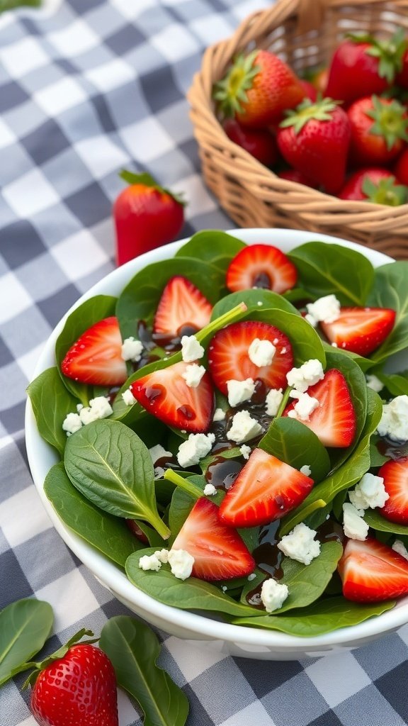 A fresh spinach salad topped with sliced strawberries and feta cheese, served in a bowl.