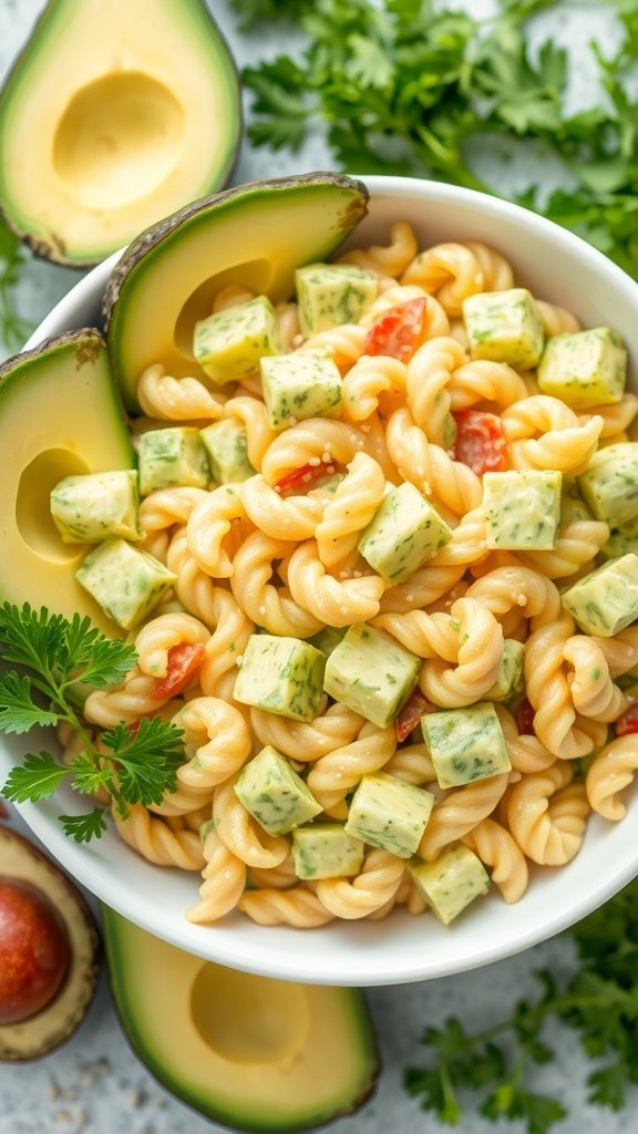 A bowl of creamy avocado pasta salad with diced avocados, cherry tomatoes, and fresh herbs.