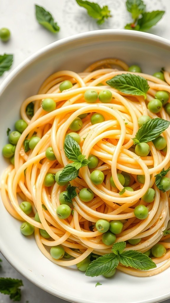 A bowl of pasta with mint and peas, garnished with fresh mint leaves.