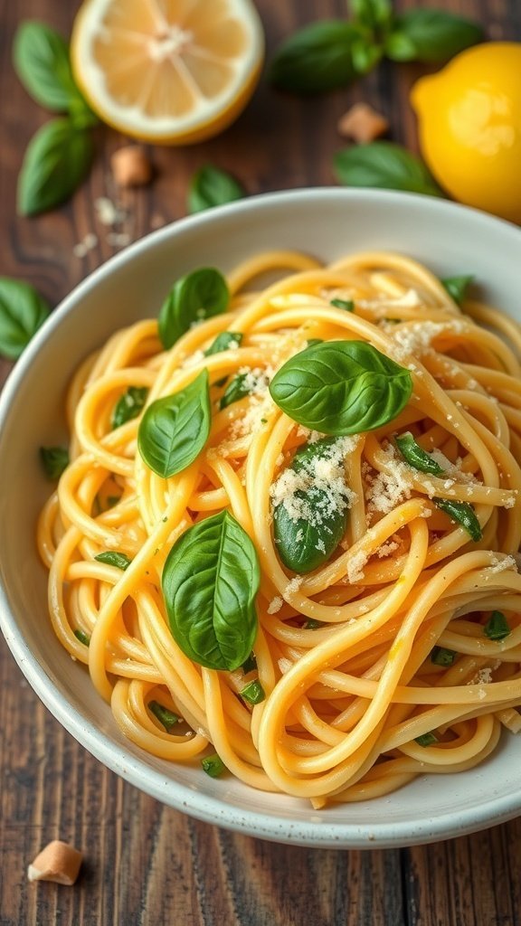 A bowl of lemon basil pasta garnished with fresh basil leaves and grated cheese, with a lemon in the background.
