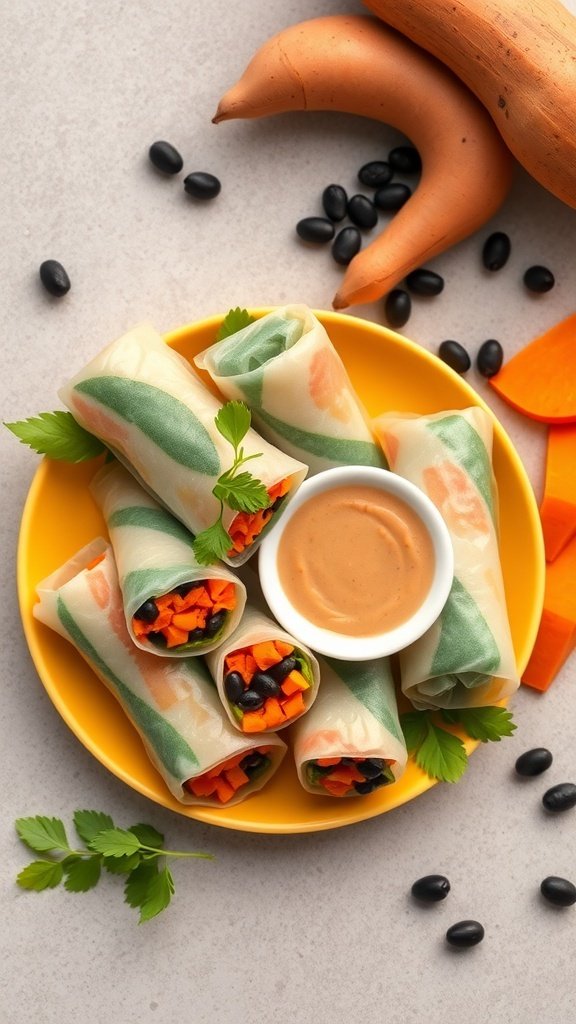 Sweet potato and black bean spring rolls with peanut sauce on a yellow plate.