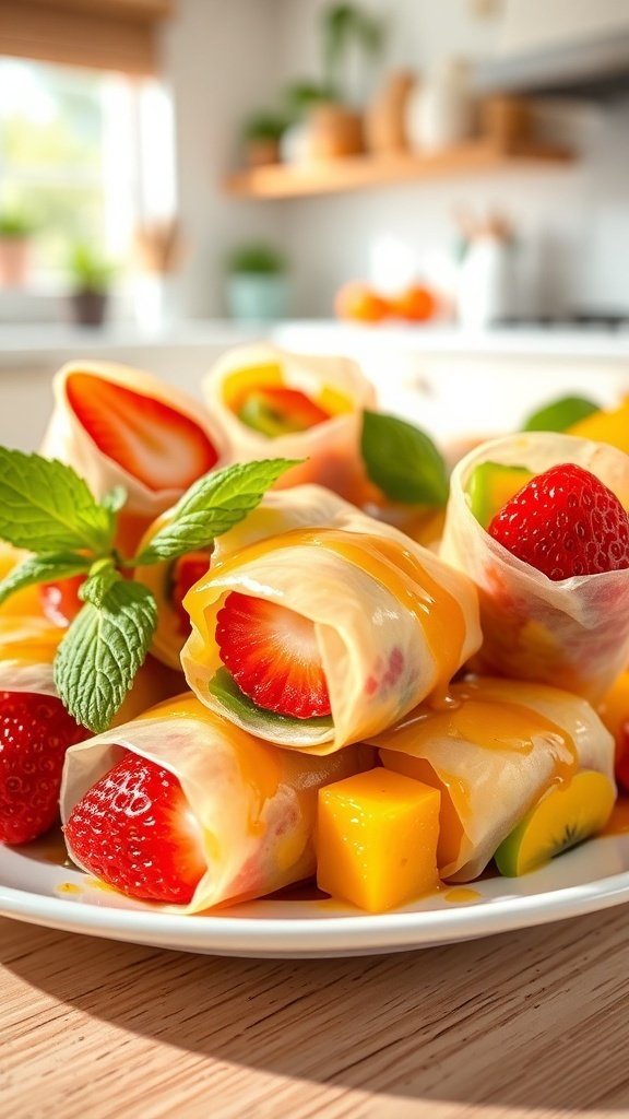 A plate of colorful fruit spring rolls with honey drizzle, featuring strawberries, mango, and kiwi.
