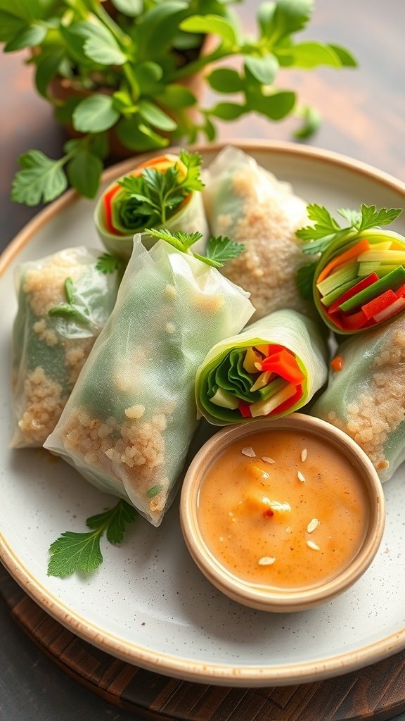 Herbed quinoa spring rolls with colorful vegetables and a bowl of peanut sauce