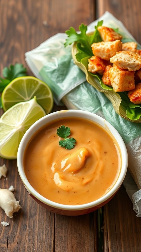 A bowl of creamy peanut sauce with lime and garlic, served with spring rolls and lime wedges.