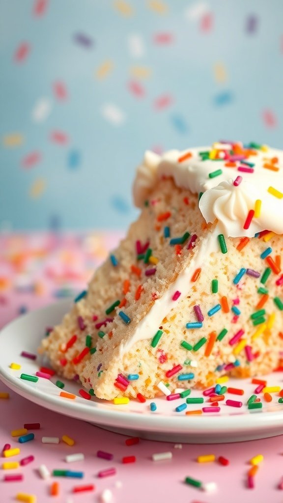 A slice of funfetti cake with colorful sprinkles on a plate, surrounded by more sprinkles.