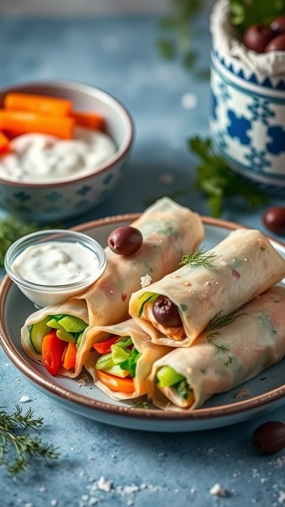Mediterranean chicken spring rolls with tzatziki sauce and fresh vegetables