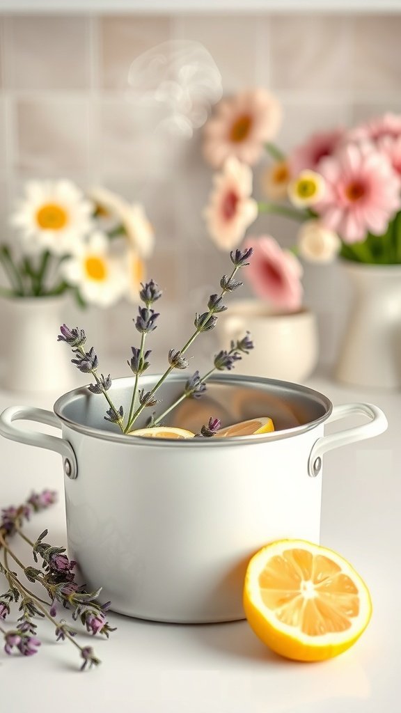 A simmer pot with lemon slices and lavender sprigs, surrounded by flowers.