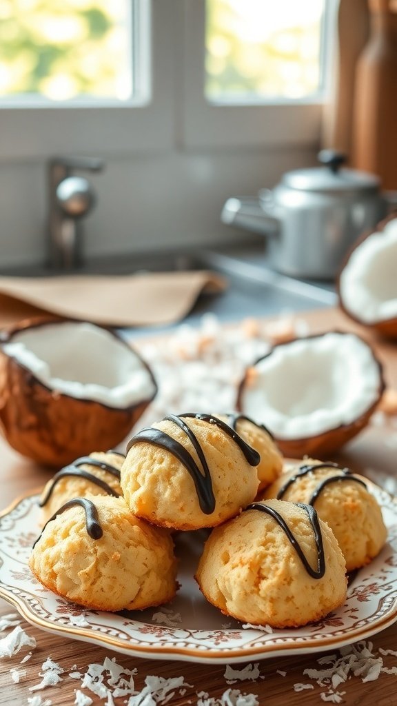 A plate of chewy coconut macaroons drizzled with chocolate, with coconut shells in the background.
