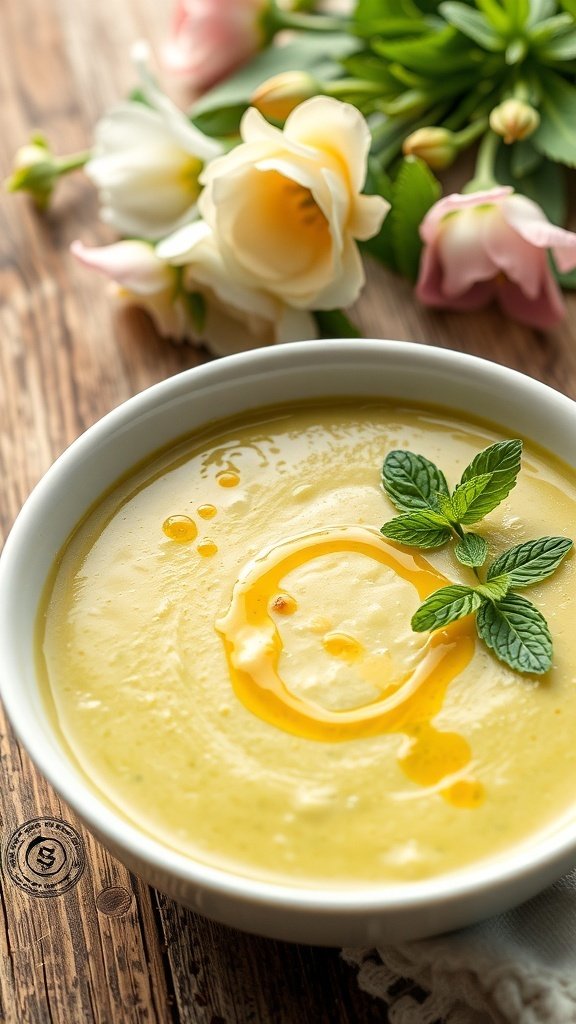 A bowl of spring pea and mint soup garnished with mint leaves and a drizzle of olive oil, surrounded by fresh flowers.