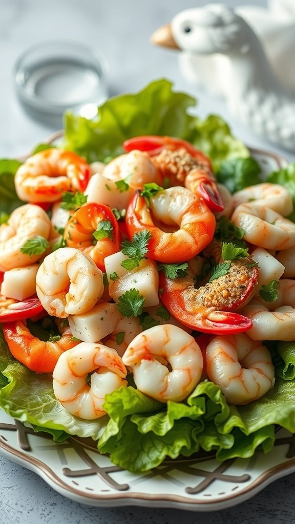 A vibrant seafood spring roll salad with shrimp and scallops on a bed of lettuce.