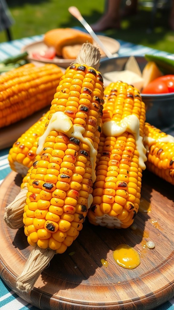 Grilled corn on the cob with garlic butter, served on a wooden board.
