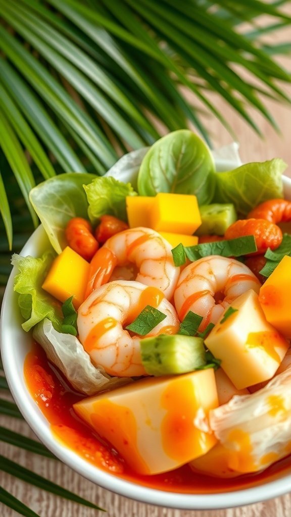 A colorful shrimp and mango spring roll bowl with fresh vegetables and spicy sauce.