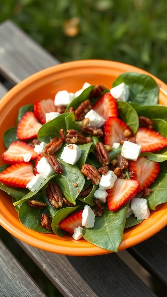 A colorful Strawberry Spinach Salad with pecans and feta cheese in an orange bowl.