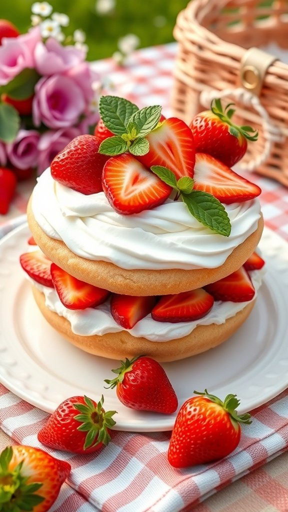 A delicious strawberry shortcake topped with fresh strawberries and mint, set on a picnic blanket.