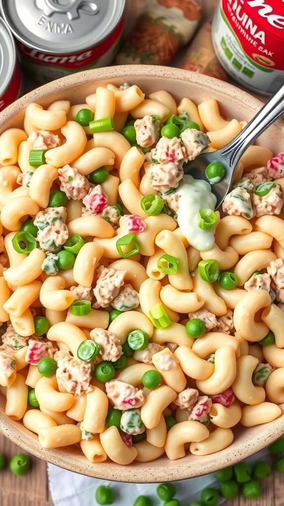 A bowl of tuna pasta salad with elbow macaroni, peas, and green onions.