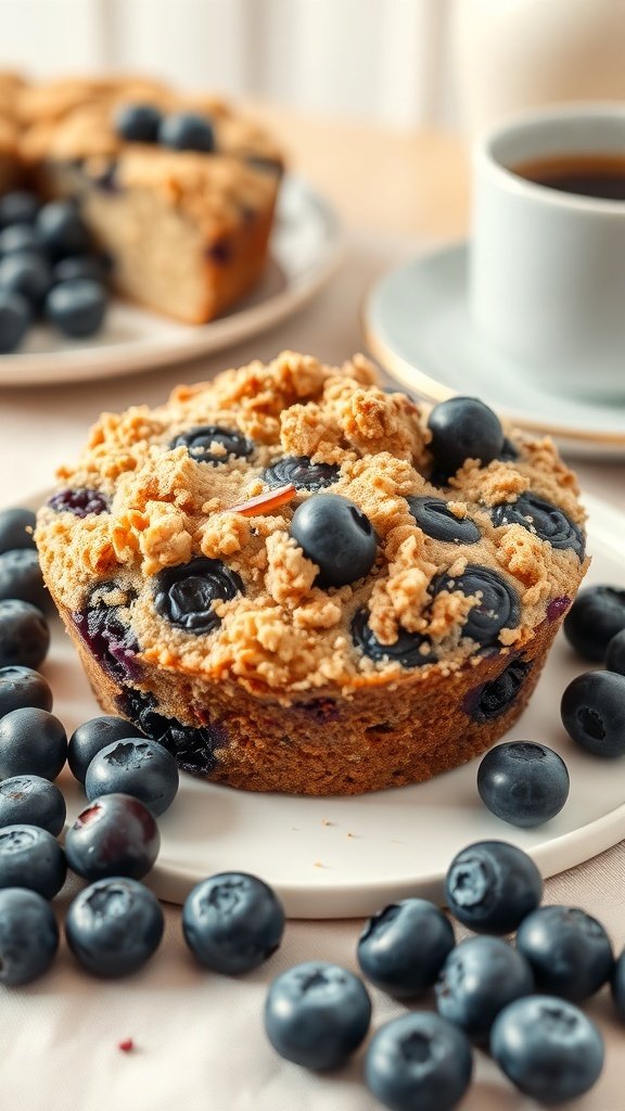 A delicious blueberry muffin cake topped with a crumbly streusel, surrounded by fresh blueberries and a cup of coffee.