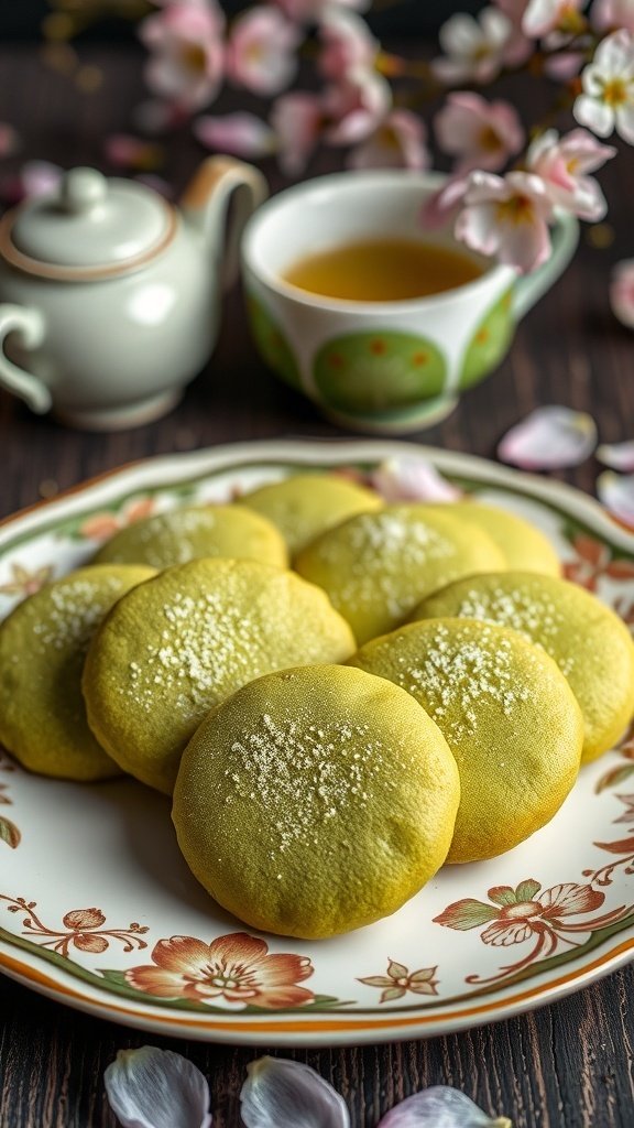 A plate of green tea cookies with a teapot and cup of tea in the background, surrounded by cherry blossoms.