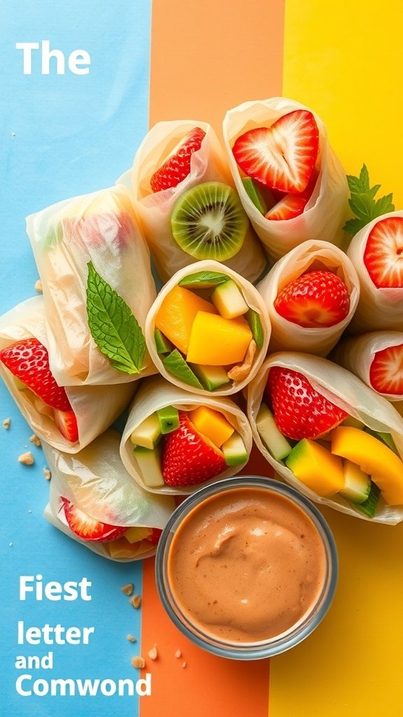 Colorful fruit-filled spring rolls with a bowl of peanut sauce