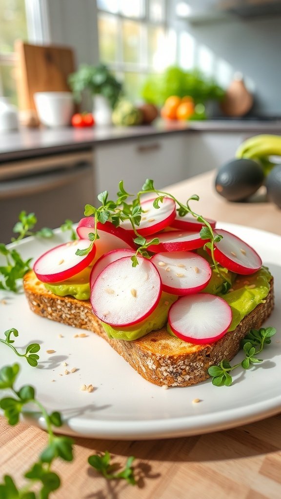 Citrusy avocado toast topped with radishes and microgreens on a plate