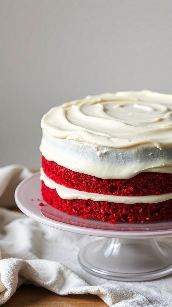 A red velvet cake layered with cream cheese frosting on a cake stand.