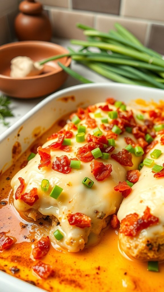 Baked Alice Springs Chicken topped with Swiss cheese, bacon, and green onions in a baking dish.