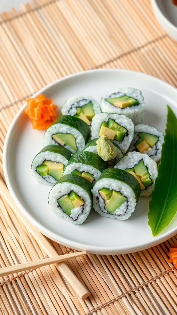 Cucumber and avocado sushi rolls on a plate