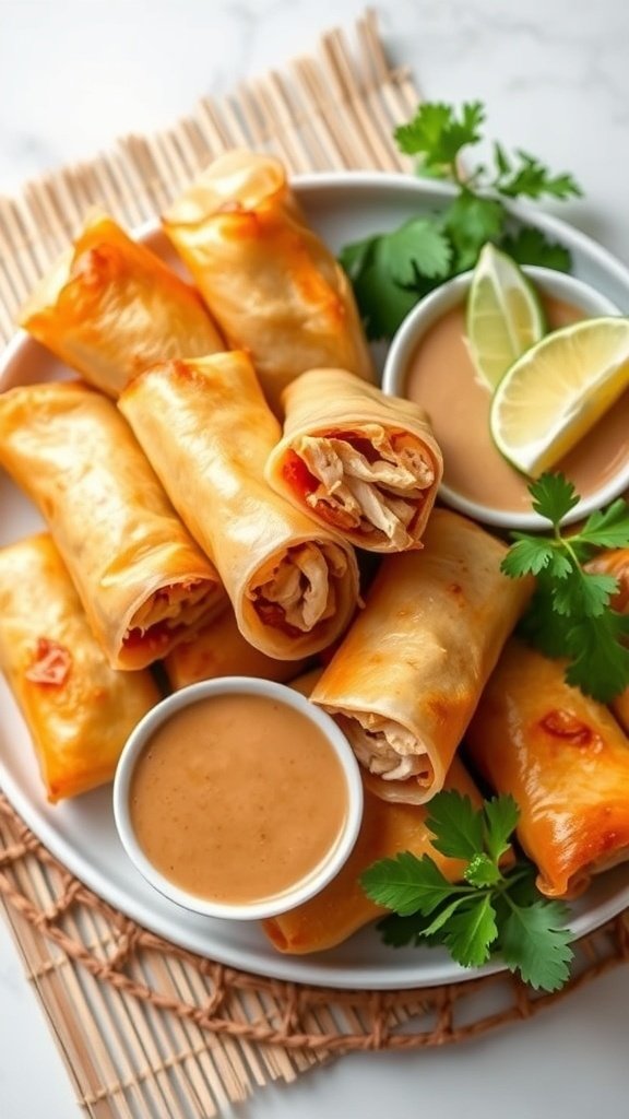 Plate of Classic Thai Chicken Spring Rolls with peanut sauce, lime wedges, and cilantro